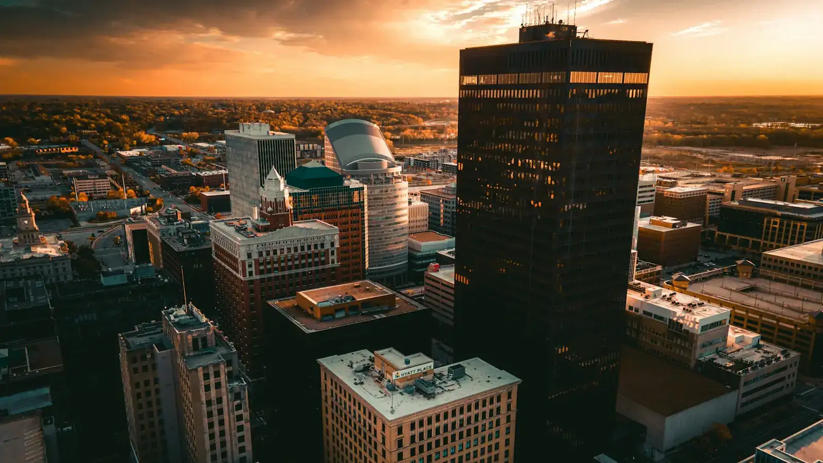 Aerial view of downtown Des Moines at sunset