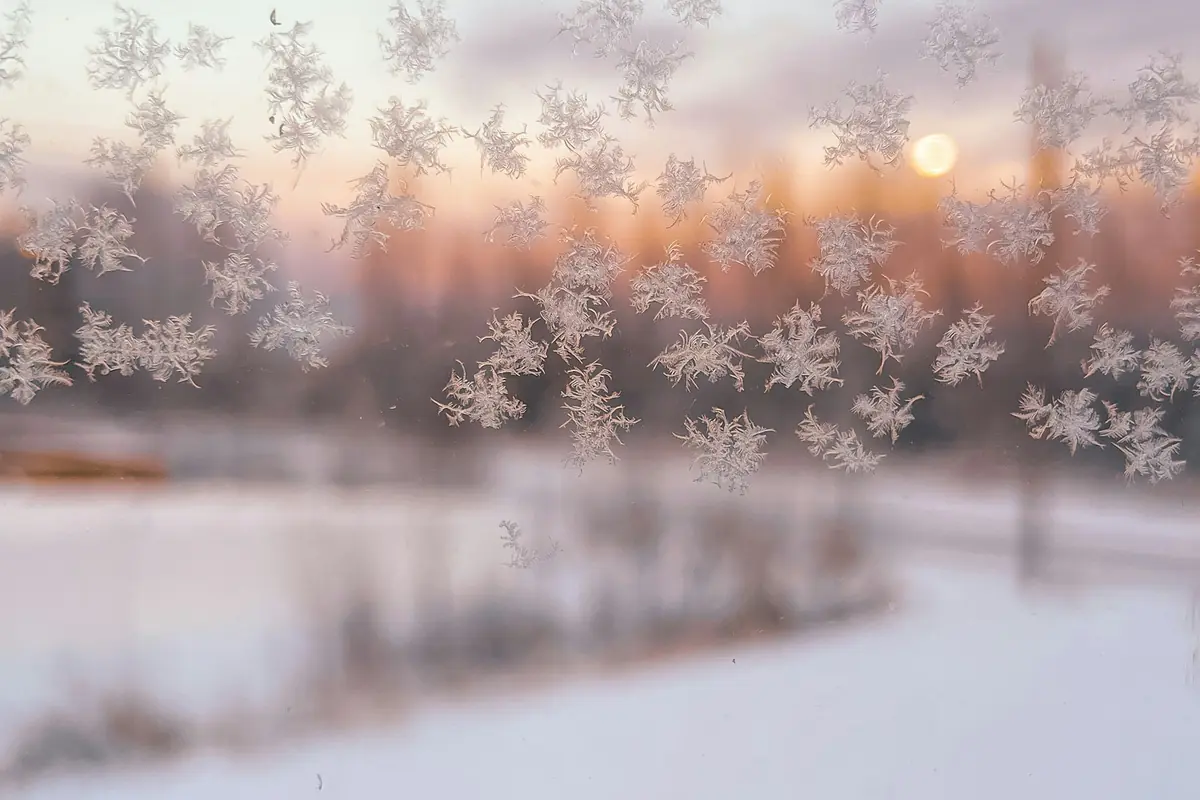 A snowy landscape seen through a frosted window